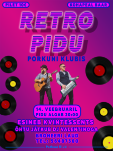 Uksed avatakse 19:00 Pidu algab: 20:00 Pilet: 10€ Broneeri laud telefoni teel: 56487360